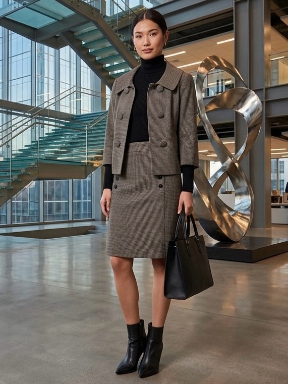 Lifestyle Attitude Women's Cropped Double-Breasted Houndstooth Peacoat Skirt Set